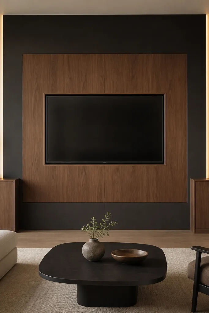 The wall is split into two tones: a warm white border and deeper charcoal panel around a centered walnut veneer rectangle. The TV sits in the middle of the walnut rectangle, surrounded by slim trim. Two vertical LED strips glow softly at the sides. On both sides are low cabinets in walnut with brushed brass pulls.