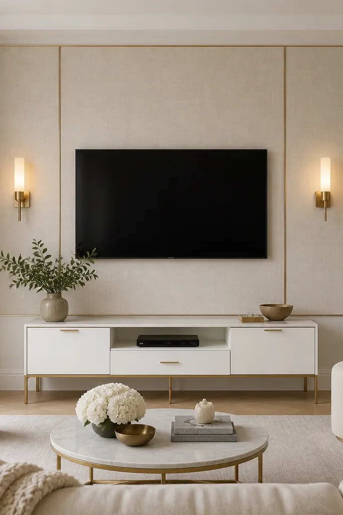 Large linen-covered wall panels form a soft rectangle around the TV area. Thin gold trim outlines the panel edges. The TV is centered, with two small upholstered ottomans visible in the room. Below, a white console with gold legs holds devices. Warm wall sconces cast soft light.