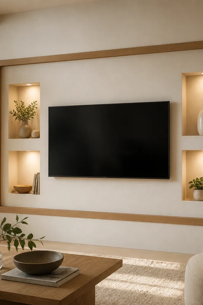 A TV is mounted on a wall with a warm oak perimeter frame. Inside the frame are two recessed shelves on each side of the TV - one higher, one lower. The shelves are lit with warm LED spots. The rest of the wall is painted off-white matte.