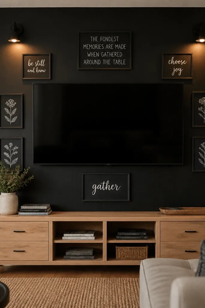 A TV is mounted on a wall painted with matte blackboard paint in a neat rectangle. Around the screen are small framed chalkboard labels and thin black frames with chalk lettering. A light wood console sits beneath. Warm string lights are not visible; instead, there are subtle wall lights casting a glow.