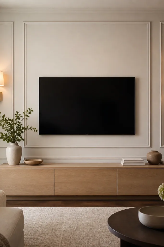 A TV wall in cream has raised wall paneling with beveled trim sections. The TV is centered within a larger panel rectangle. There are two wall sconces with fabric shades on either side, casting warm light. The media console is white oak and low-profile.