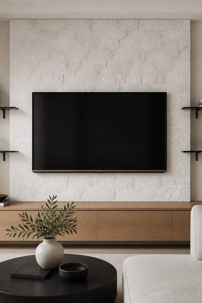 A white stone-look wall panel sits behind the TV. Two smoked glass shelves float on either side, supported by slim black brackets. The TV is mounted centrally, with a black frame border. Small decor sits on the glass shelves: a black ceramic, a clear vase, and a stack of books.