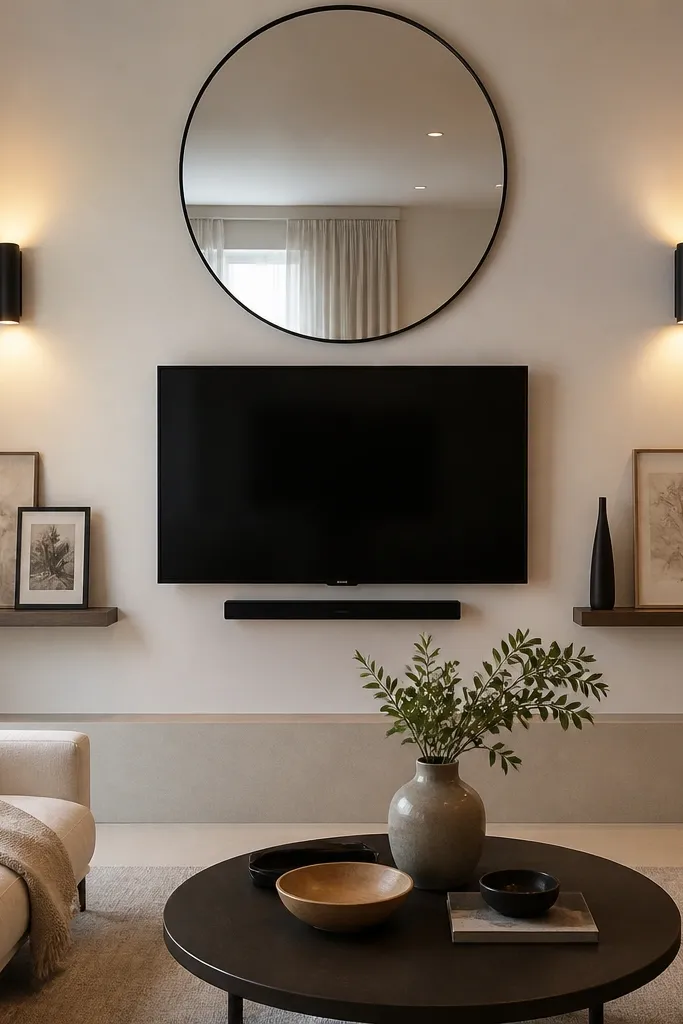 A large round mirror hangs above a mounted TV. The wall is painted warm white. On both sides of the TV are narrow gallery ledges with small frames and two slim vases. The mirror has a thin black frame. Warm wall lights create a gentle glow.