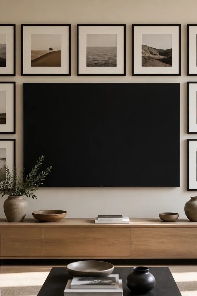 A TV is centered on a wall covered with a neat gallery grid. Frames are uniform in size and finish, mostly off-white mats with black frames. The TV sits in the middle of the grid space, like a poster-sized centerpiece. Small neutral objects sit on a low console beneath.