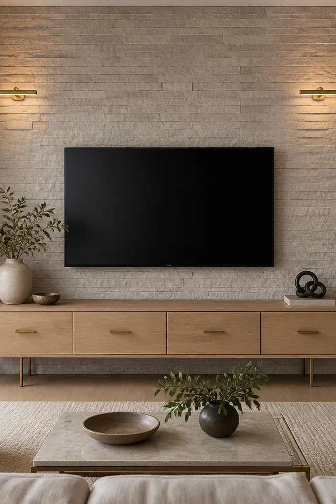 A stone-look wall panel covers the entire TV feature area. The TV is centered with a slim black mount. Beneath it, a floating media credenza in light oak has brass legs and brass drawer pulls. Two matching brass picture lights shine upward from the sides.