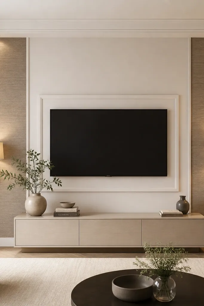 A neutral TV wall has a smooth warm white base. On both sides of the TV, there are vertical wallpaper panels with subtle texture in taupe and beige. The TV sits inside a simple white frame trim, and a low console is centered below. Two small table lamps or sconces cast warm light across the textured wallpaper.