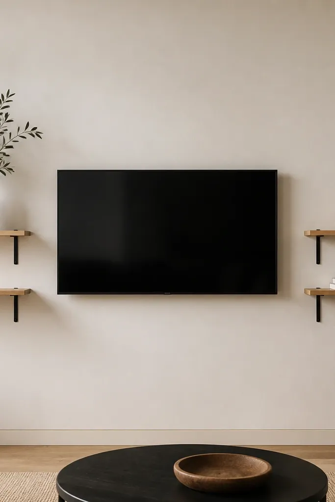 A mounted TV is centered on a light neutral wall. On both sides, floating shelves in light wood sit on slim black metal brackets. The shelves are spaced with plenty of empty wall space. Decor is minimal: a tall plant on one side, a small ceramic and books on the other.