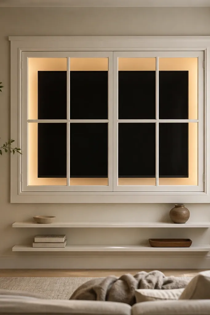 A TV sits inside a window-style frame with grid muntins like old window sashes. The frame is painted white with subtle shadow trim. There are two slim side shelves beneath the window frame. Warm recessed lighting glows behind the frame edges.