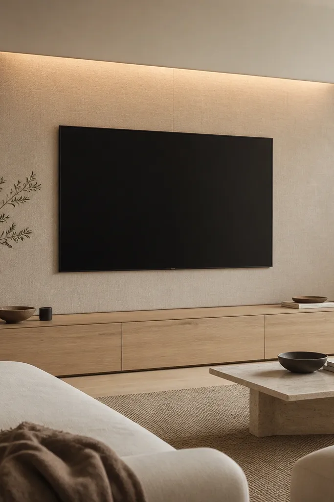 A large upholstered fabric panel in oatmeal sits behind and around the TV area. The TV is centered within the fabric rectangle. A track lighting system with small heads is hidden above, casting warm light down onto the fabric. The media console is low and simple in light wood.