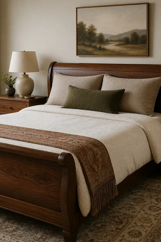 A bedroom with a walnut sleigh bed. The duvet is a creamy off-white with a subtle waffle texture. Two pillow shams are taupe, and one lumbar pillow is deep olive. A patterned throw in muted rust is folded at the foot. Matching nightstands in warm wood hold a beige ceramic lamp with a linen shade.