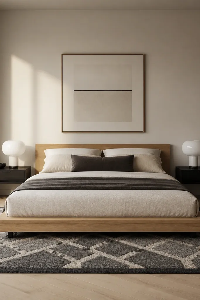 A low platform bed with a light oak frame. The rug is a charcoal-and-cream geometric pattern with a 1/2-inch darker border. The bed sits centered, with the rug extending about 18 inches beyond the sides of the bed. Two minimalist black nightstands hold a pair of white glass table lamps.