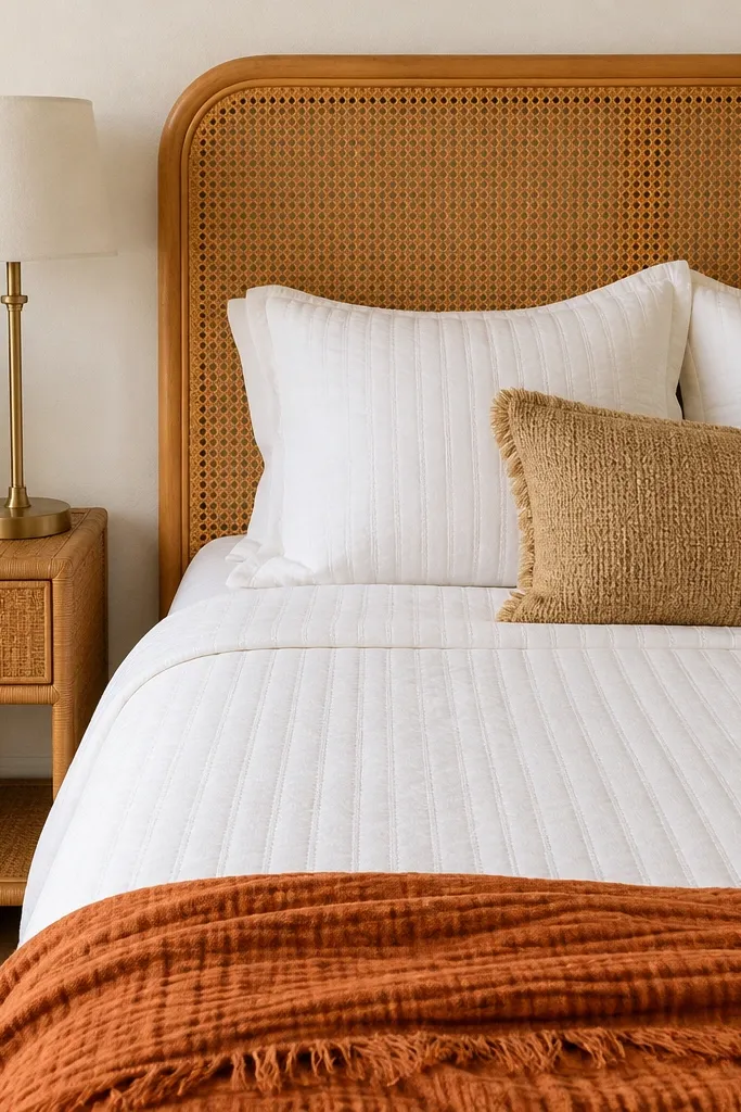 A bedroom featuring a rattan headboard in honey tones. Bedding is crisp white with subtle textured stitching. There are two white pillows, one small woven pillow in tan, and a burnt-orange throw at the foot. A rattan nightstand holds a brass lamp with a white shade.