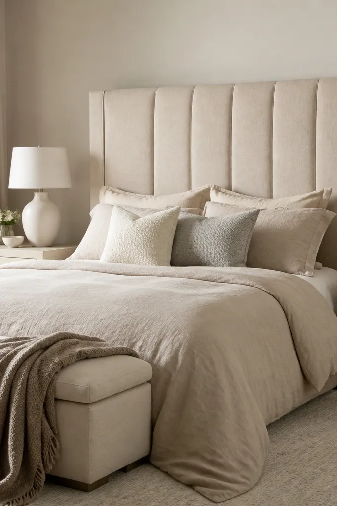 A bedroom with a tall, upholstered linen headboard in oat-beige. The bedding includes an oat duvet, two sand shams, and a pair of textured pillows in cream and light gray. A taupe throw is draped over a bench at the foot. Two matching upholstered nightstands and a soft off-white table lamp complete the look.