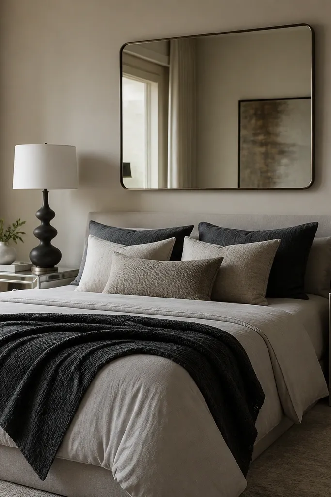 A bedroom with mirrored nightstands on both sides of the bed. Each nightstand has a simple tray and a tall sculptural lamp with a thick white shade. The bed is dressed in solid light gray sheets with a textured charcoal throw and a few neutral pillows. A large wall mirror hangs above the headboard area.