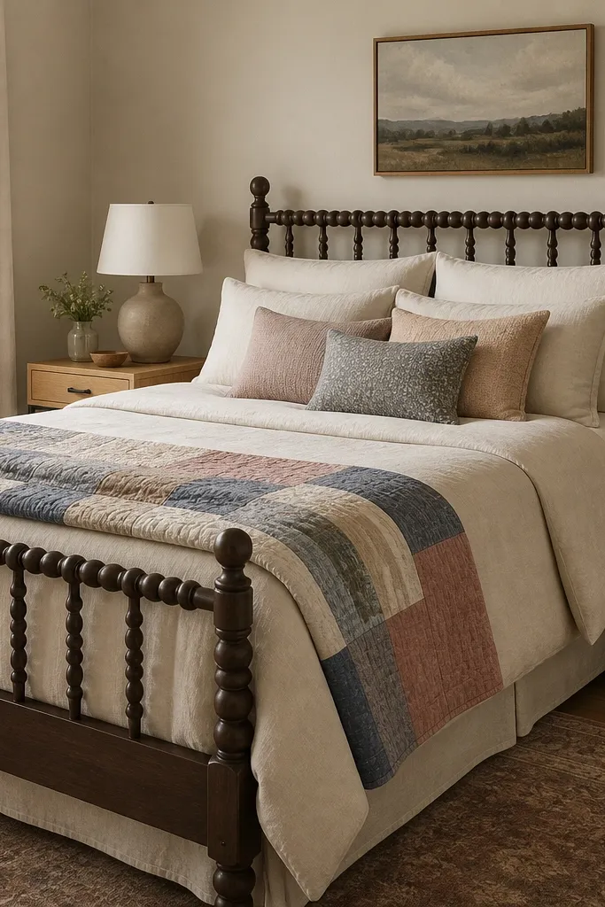 A bedroom with a dark wood spindle bed. Bedding is a neutral cream duvet. The throw is a patchwork quilt in muted blues, dusty rose, and oatmeal stripes. Nightstands are simple light wood with black metal legs. A small woven basket sits beside one nightstand.