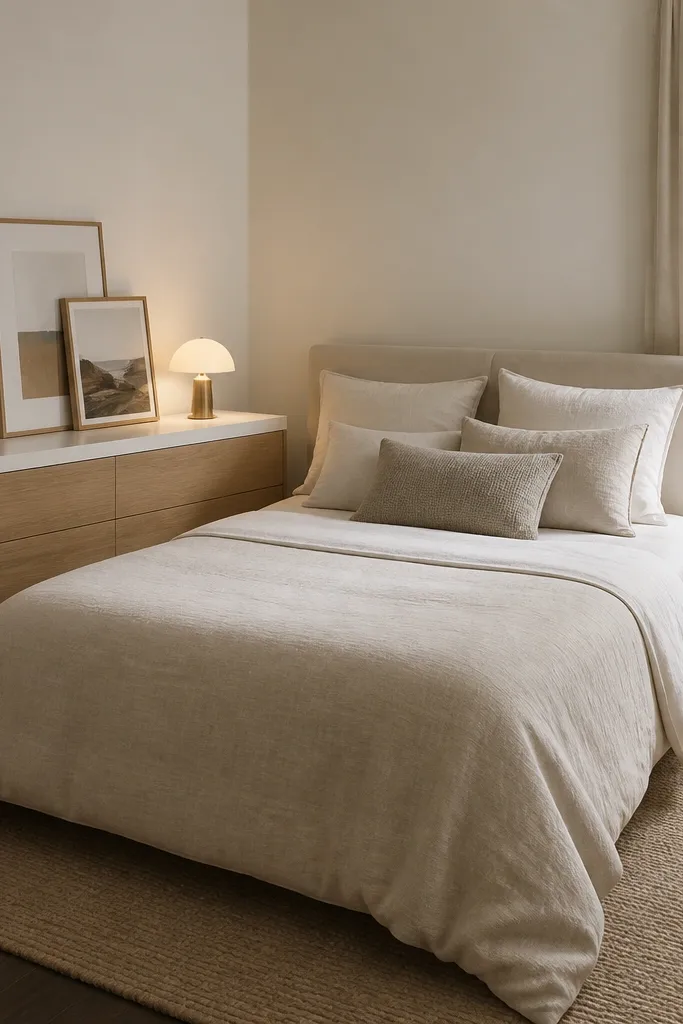 A small bedroom where one side of the bed uses a low two-tone dresser (white top, natural wood body). The bed has a light beige duvet and a simple pillow stack. On the dresser are a pair of small framed prints, a ceramic vase, and a compact table lamp. The other side has a matching narrow nightstand.