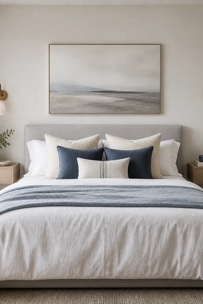 A bedroom with a wall-mounted floating nightstand on each side of the bed. Above each is a simple wall sconce with a white glass shade. The bed has a white duvet, a pale blue throw, and pillows in cream and soft navy. The headboard is low and upholstered in light gray.