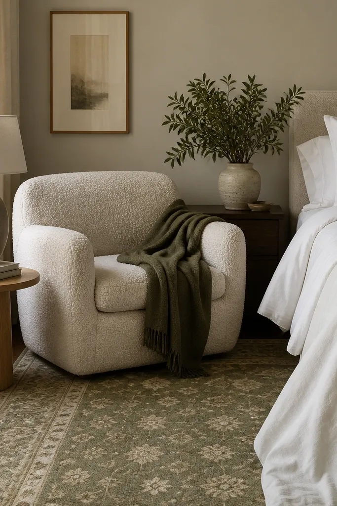A bedroom corner with a comfy armchair in oatmeal bouclé. A small round side table holds a book stack and a ceramic lamp. The rug is a muted olive and cream pattern, and the chair has a throw in olive draped over one arm. The bed is dressed in warm white bedding with a single patterned pillow.