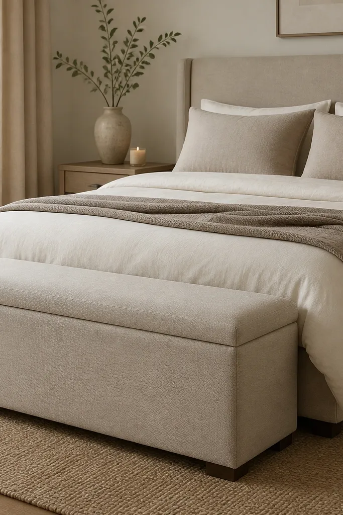 A bedroom with a upholstered bench at the foot of the bed. The bench is in the same oat linen as the headboard fabric. A storage lid is covered in a matching washable fabric. The bed has a cream duvet, two sand pillows, and a folded throw in taupe. A simple vase and candle sit on a small nightstand.