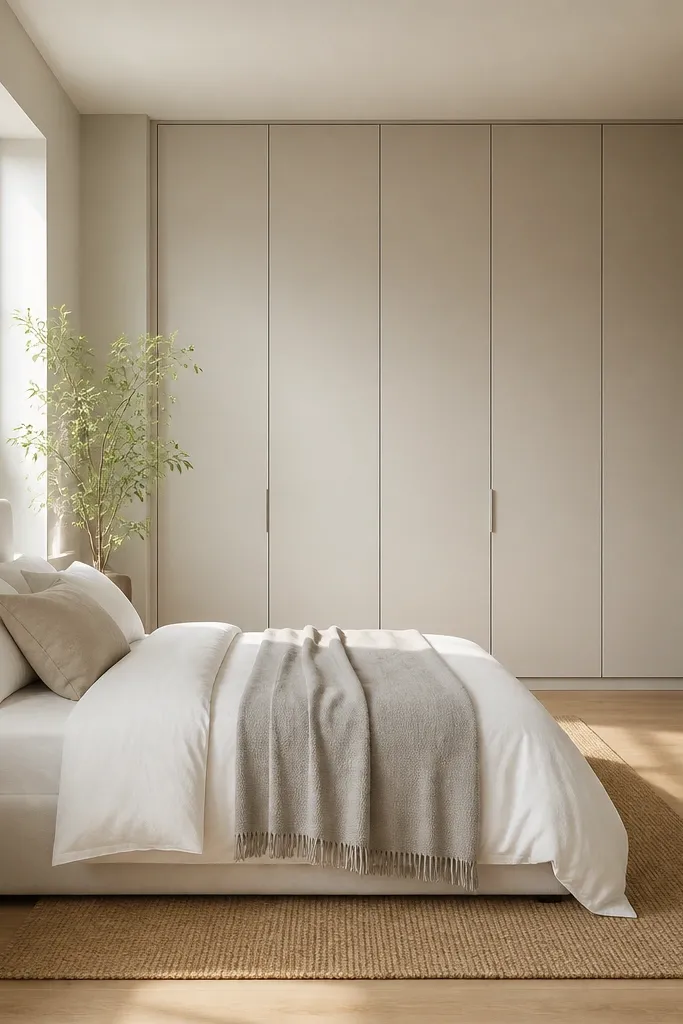 A bedroom with a tall wardrobe featuring flat panel doors in a color that matches the wall paint. The bed is white with a light gray throw. A small rug in warm beige sits under the bed. A simple black-framed mirror hangs opposite the wardrobe, and a slim lamp stands on a narrow nightstand.