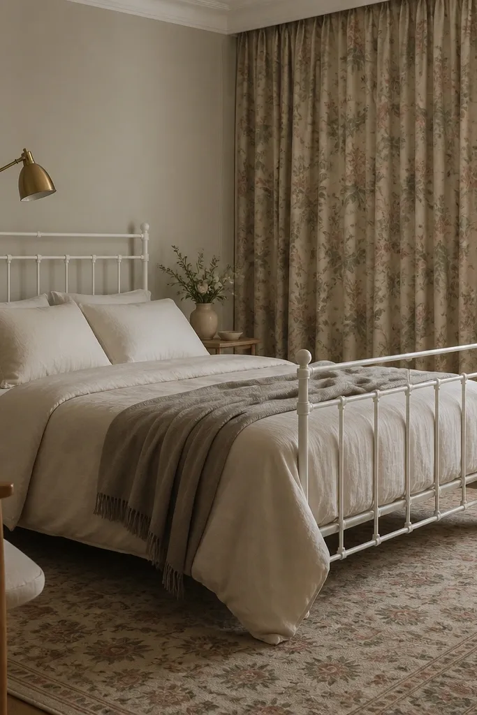 A bedroom with a simple white metal bed frame. The curtains are floor-to-ceiling in a muted floral pattern with sage and dusty rose. The bed has a solid oat duvet, cream pillows, and a plain taupe throw. A brass floor lamp stands beside the bed, and a patterned rug echoes the curtain tones subtly.