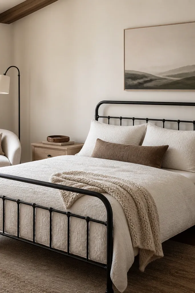 A bedroom with a black metal bed frame. Bedding is warm white with a textured duvet and cream knit throw at the foot. A caramel leather belt-style strap sits on the side table as decor. Nightstands are light wood, and a black floor lamp with a linen shade stands near the chair.
