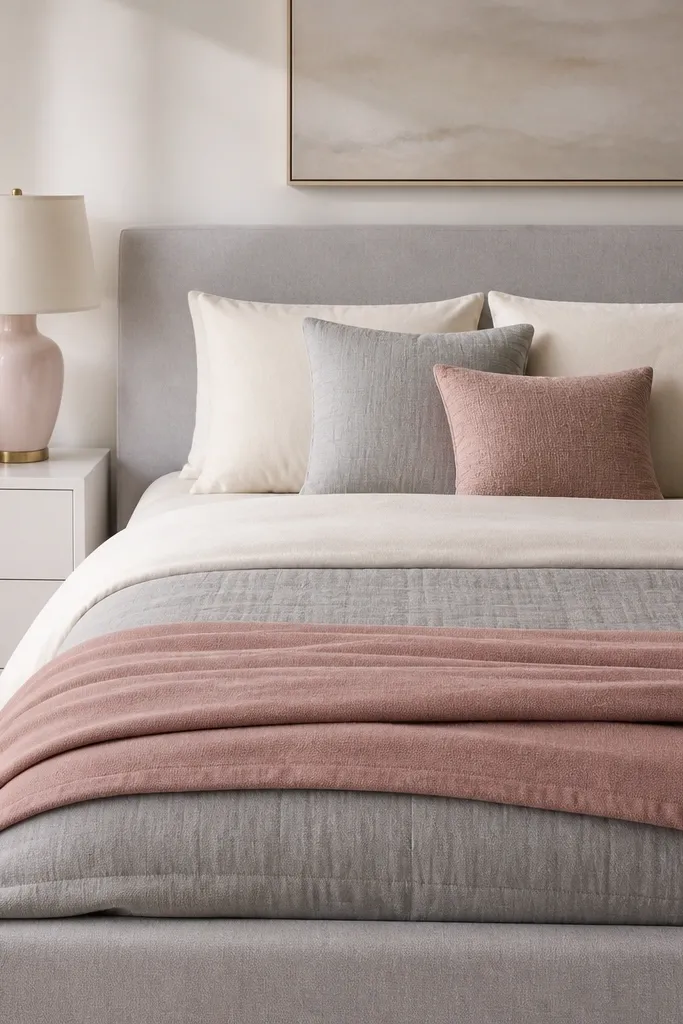 A bedroom with a light gray upholstered bed. The bedding is in cream and light gray, with a dusty rose throw folded at the foot. Two pillows are cream, one is light gray, and one is dusty rose in a subtle weave. A soft blush ceramic lamp sits on a white nightstand.