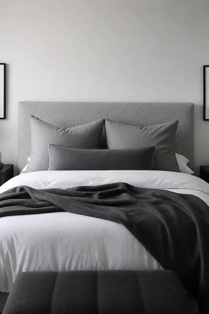 A monochrome bedroom with a white duvet, gray shams, and a charcoal throw. Nightstands are matte black. Each nightstand has a metallic tray in brushed gold with a small candle and a glass bottle. A simple black-and-white framed photo hangs above each side.