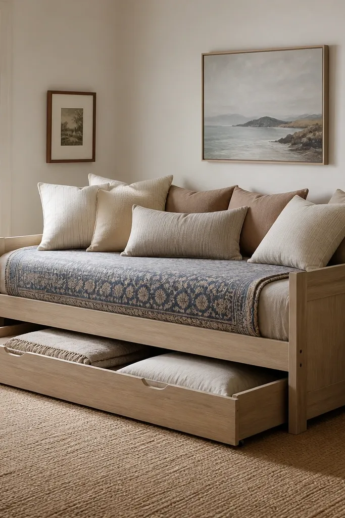 A bedroom with a daybed placed against the wall. The frame is light wood. The bedding looks like a sofa: layered pillows in cream and tan, a patterned throw in muted navy, and a fitted sheet hidden under the top layer. A trundle sits underneath with a neatly folded blanket and a guest pillow.