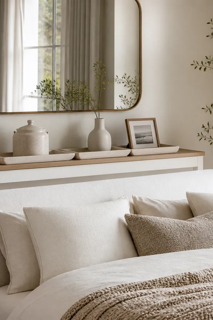 A bedroom with a narrow console table placed behind the bed (against the wall behind the headboard). The console is white with wood top. On top are three items in a tray system: a lidded ceramic jar, a small vase, and a framed photo. The bed is dressed in cream and oatmeal with a textured throw. A large wall mirror hangs above the console.