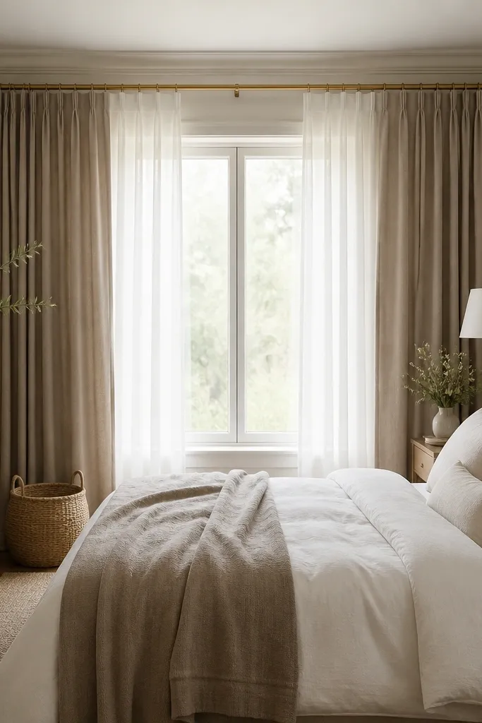 A bedroom window with two layers: sheer white curtains and heavier taupe drapes. The bed is centered opposite the window. Bedding is a warm white duvet with a taupe throw and cream pillows. A brass curtain rod and a small woven basket sit on the floor near the window.