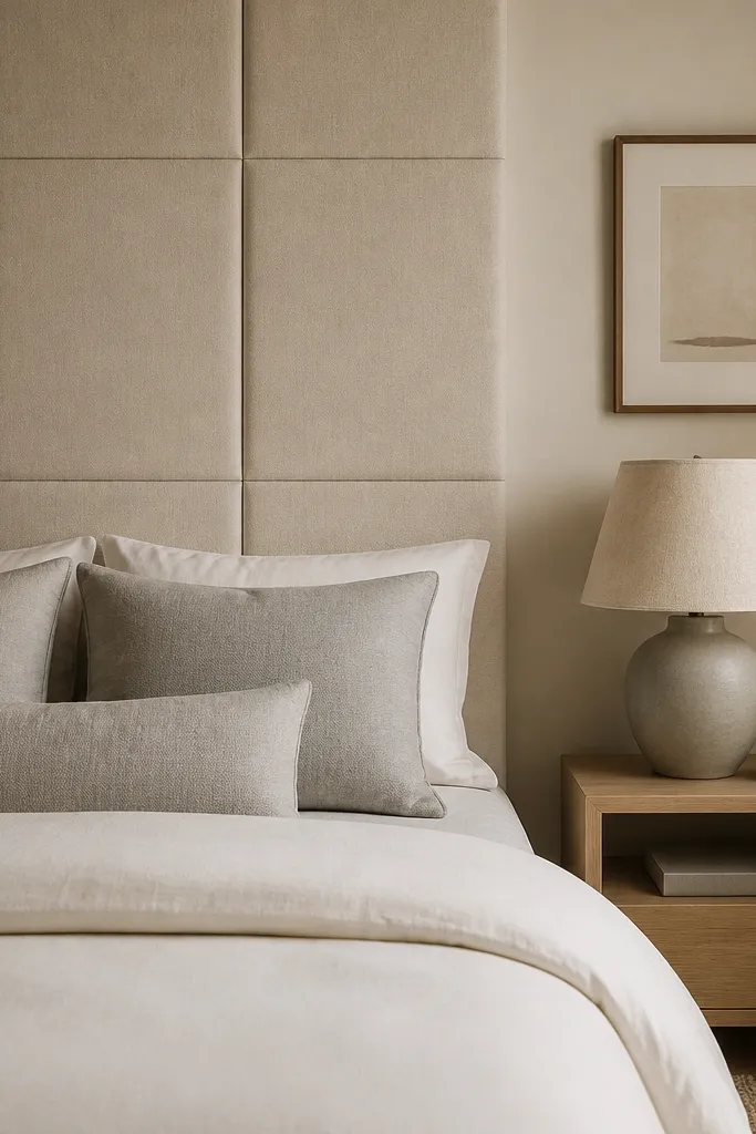A bedroom with a headboard wall covered in removable fabric panels in warm beige. The bed has a cream duvet and soft gray pillows. A removable wall panel texture is visible behind the bed, and a single framed print hangs to the side. A simple nightstand holds a ceramic lamp with a linen shade.